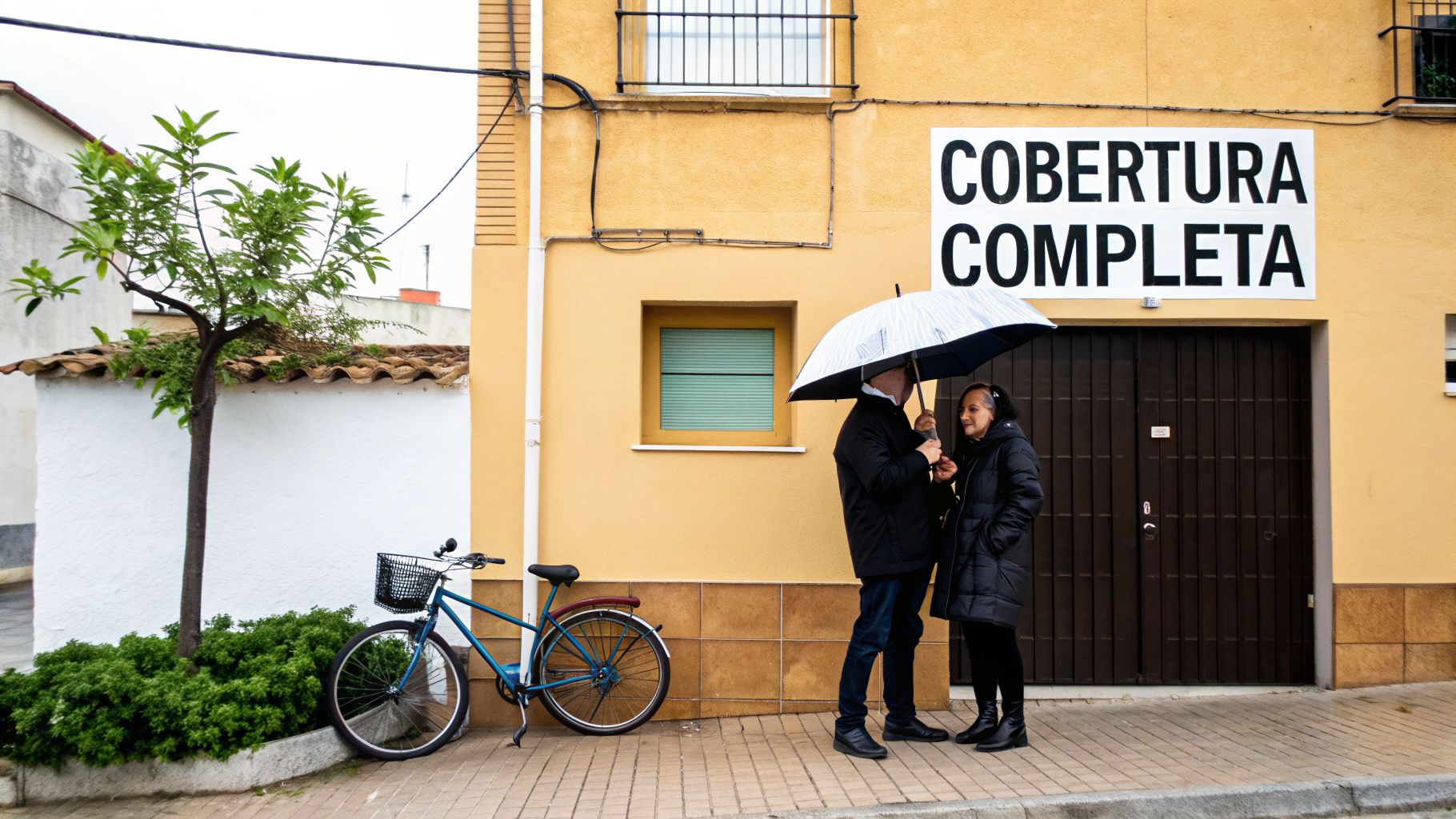 Una pareja bajo un paraguas frente a un edificio amarillo con el letrero 'COBERTURA COMPLETA', una bicicleta y un árbol en un día de lluvia.