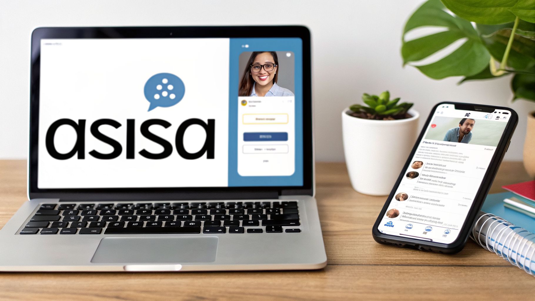 Dos dispositivos, un portátil y un móvil, mostrando interfaces de usuario modernas con la marca Asisa, sobre un escritorio de madera.