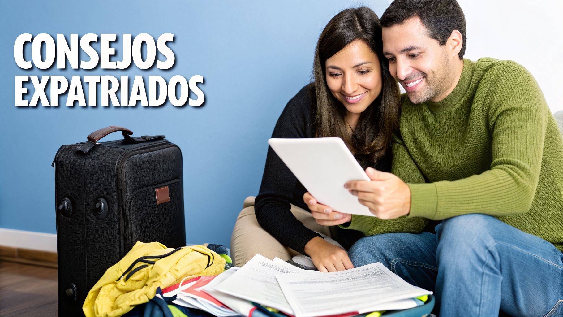 Pareja sonriente planifica su vida como expatriados con una tablet y documentos, junto a una maleta.