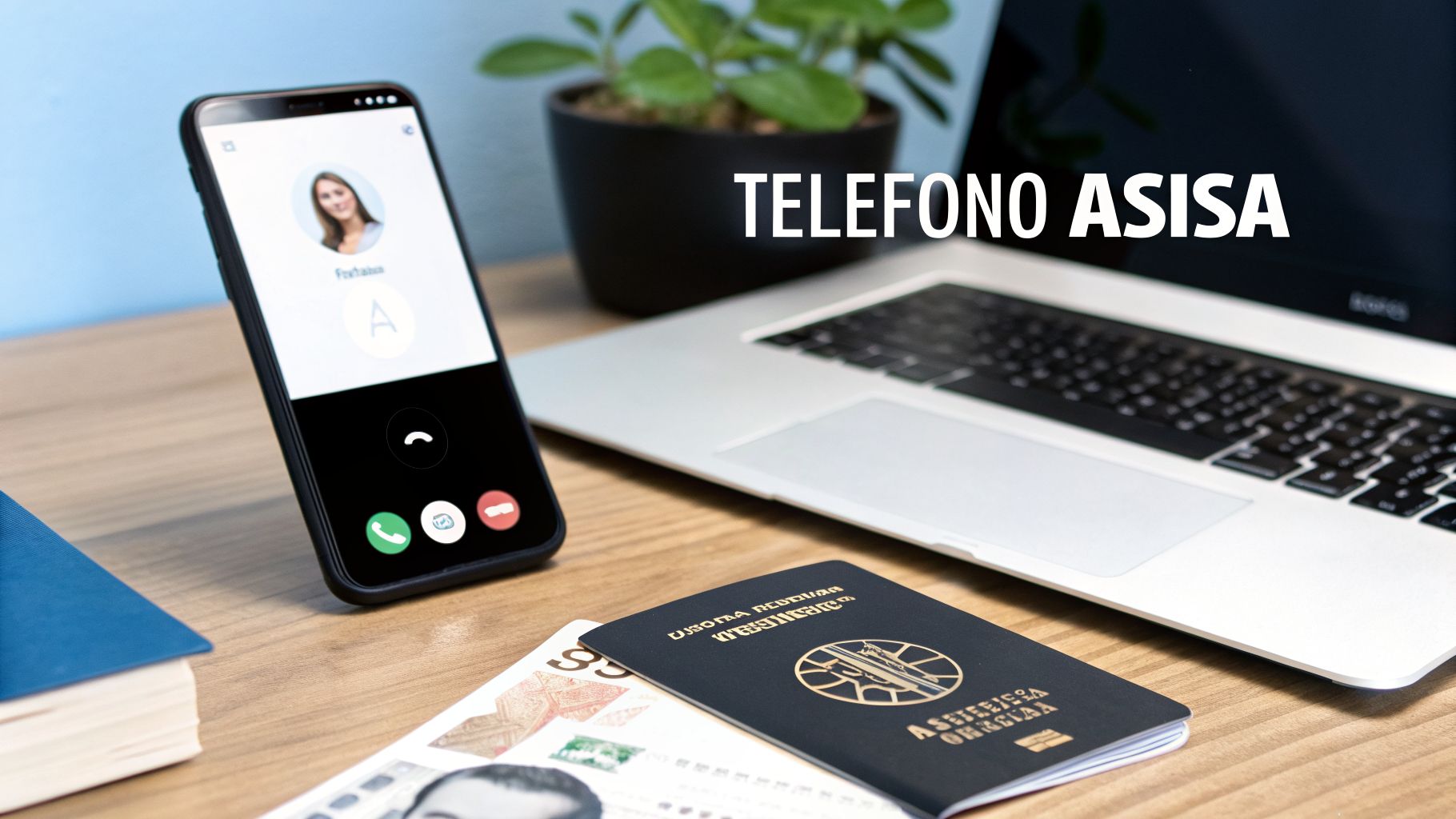 Teléfono móvil con llamada, laptop y pasaporte en un escritorio de madera. Texto 'TELEFONO ASISA'.