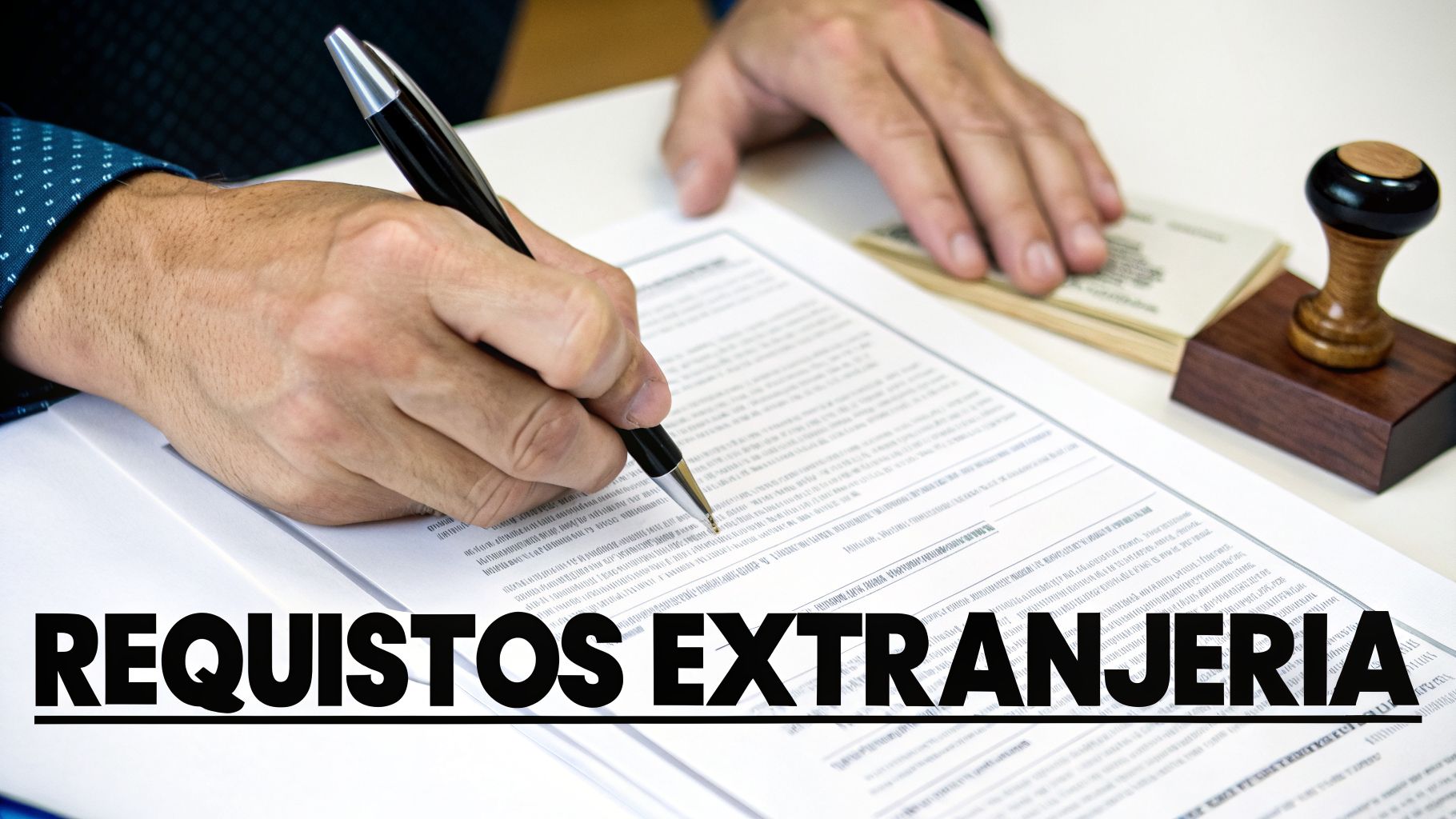 Persona firmando documentos de extranjería con pasaportes y un sello en una oficina.