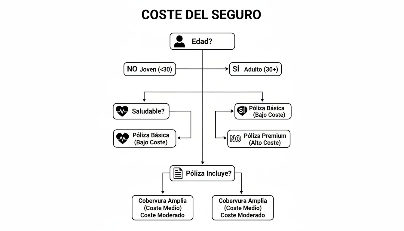 Diagrama de flujo que explica el coste del seguro según la edad, salud y cobertura.