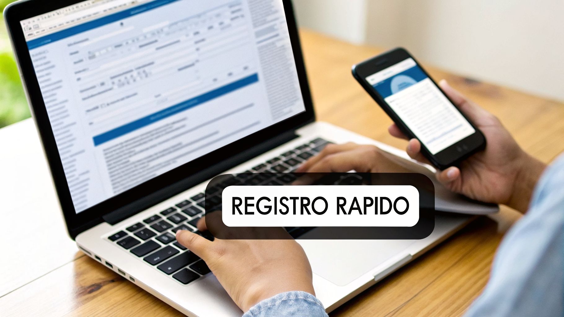 Persona registrándose rápidamente en un portal online usando su laptop y smartphone.