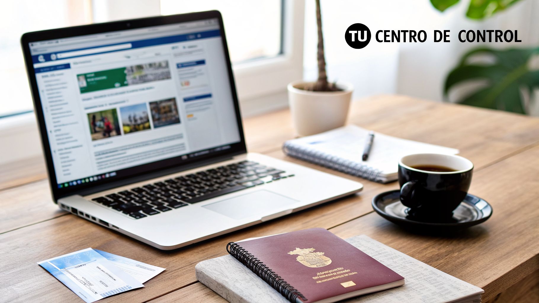Escritorio de madera con laptop, pasaporte, boletos de avión y café, ideal para planificar viajes o trabajar.