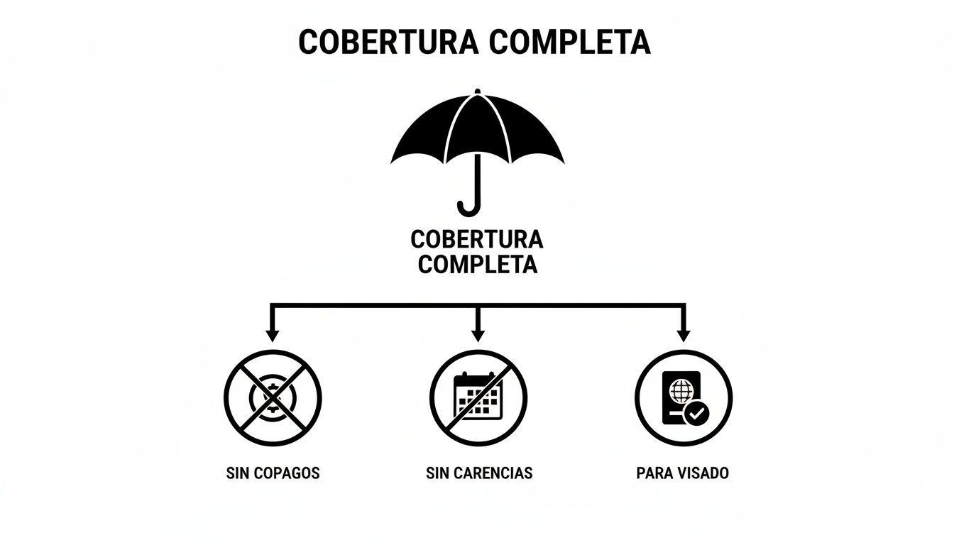 Imagen que ilustra los beneficios de una cobertura completa: sin copagos, sin carencias y para visado.