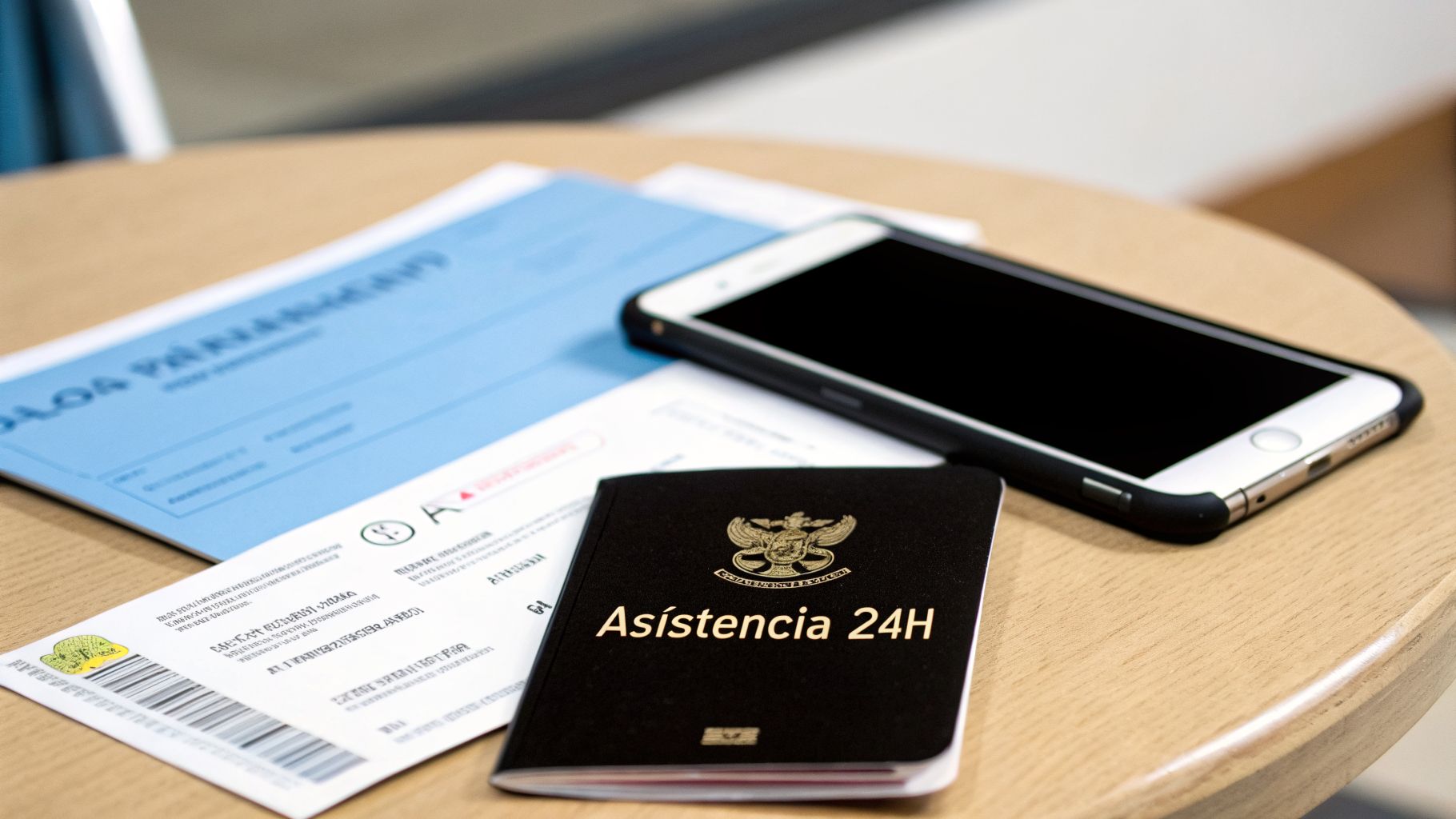 Documentos de viaje, teléfono móvil y libreta de Asistencia 24H sobre una mesa de madera.
