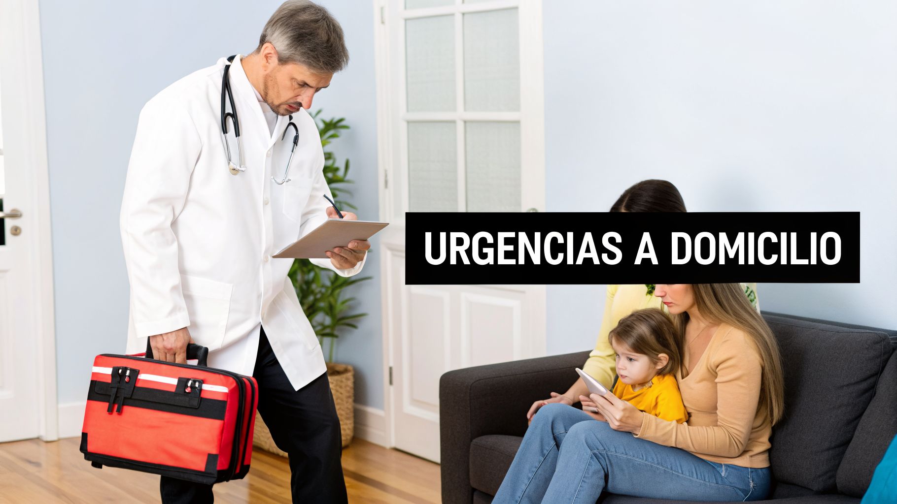 Médico con maletín y estetoscopio atiende una emergencia a domicilio, examinando a una madre y su hija en el salón.