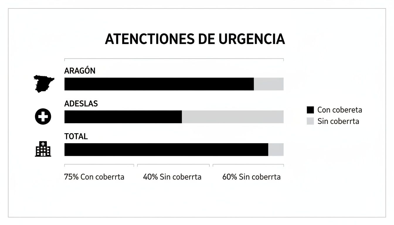Gráfico de barras: atenciones de urgencia con y sin cobertura en Aragón, Adeslas y total.