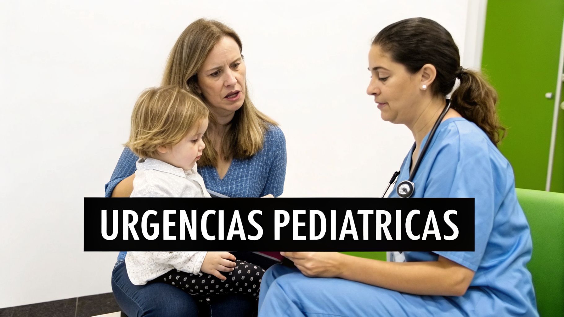 Una madre con su hijo pequeño en brazos habla con una doctora en una consulta de urgencias pediátricas.