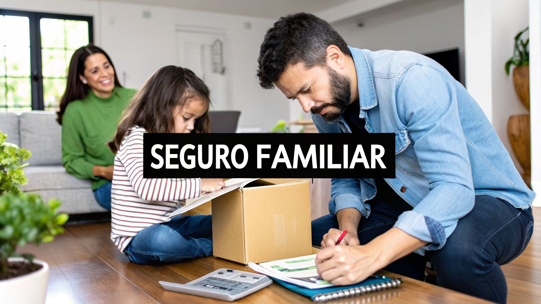Padre e hija examinando documentos en el suelo, madre sonriendo al fondo, con el texto 'SEGURO FAMILIAR'.