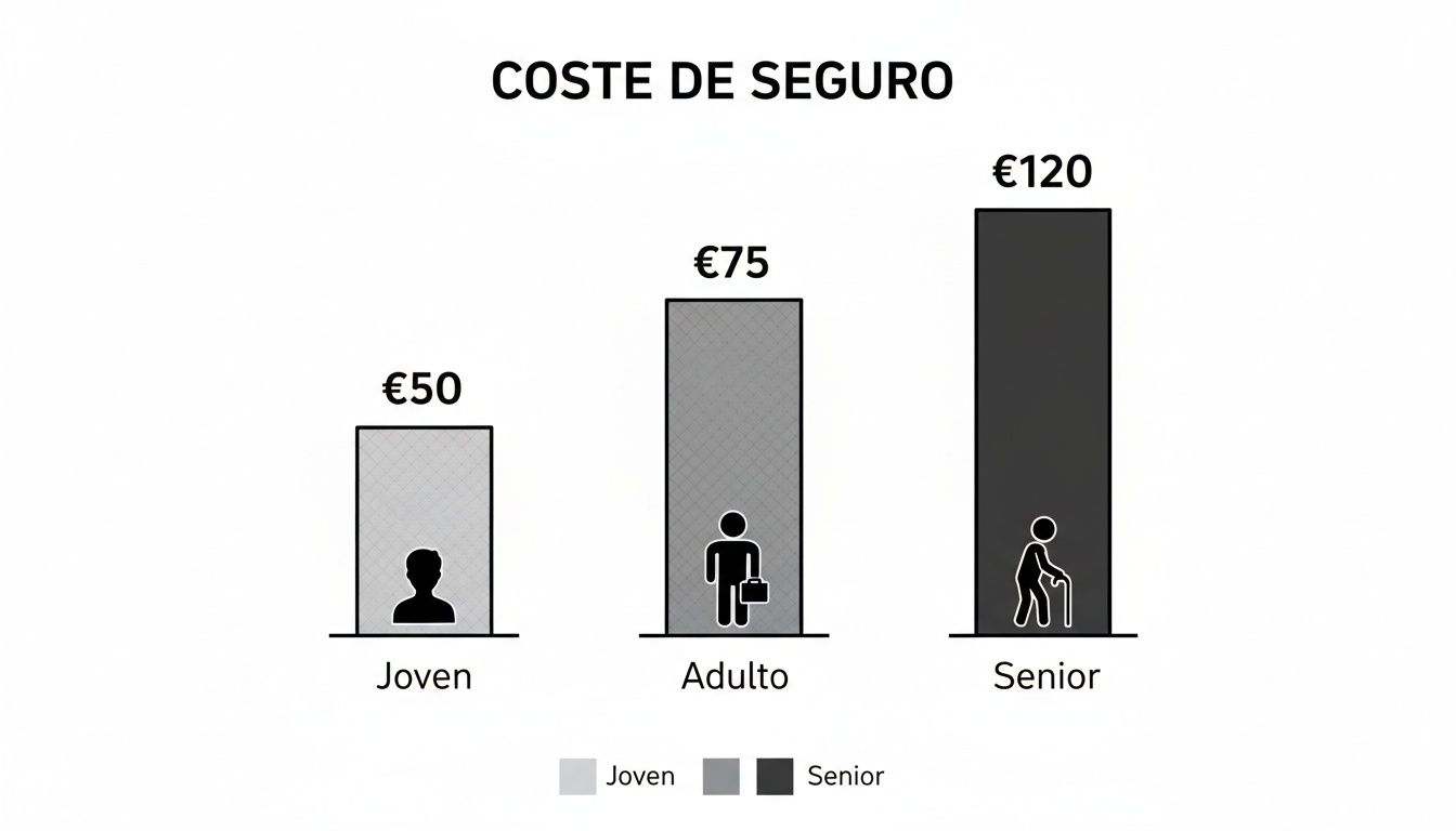 Gráfico de barras que muestra el coste del seguro por grupo de edad: joven €50, adulto €75, senior €120.