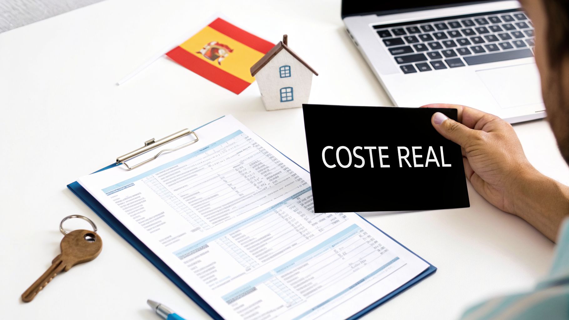 Hombre con tarjeta 'COSTE REAL' en un escritorio con casa miniatura, bandera de España, documentos y llave.