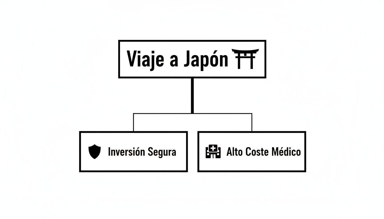 Diagrama de flujo sobre un viaje a Japón, mostrando la importancia de una inversión segura versus altos costes médicos.
