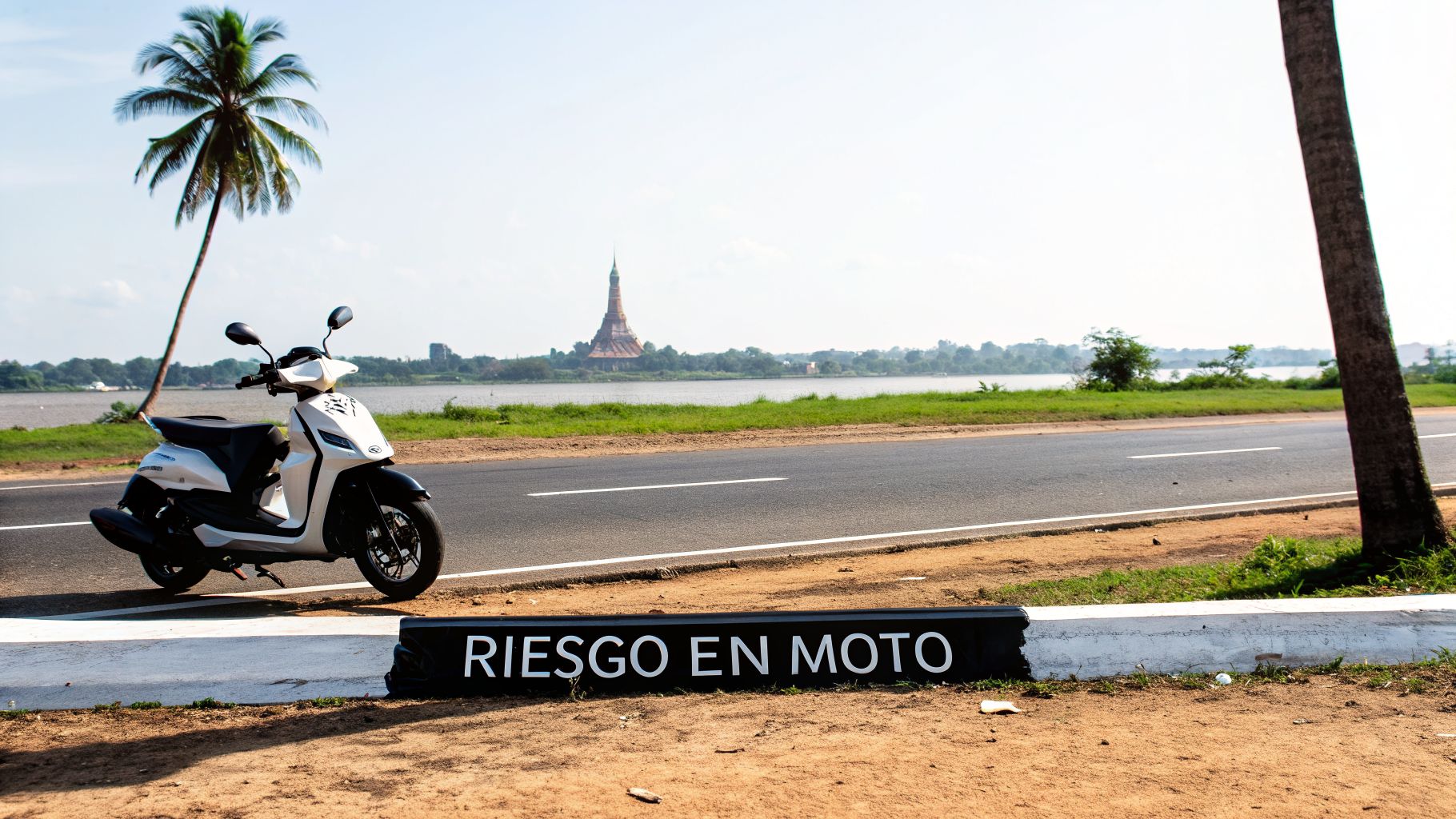 Scooter blanca en carretera con palmeras, río, una pagoda distintiva y un cartel de 'RIESGO EN MOTO'.