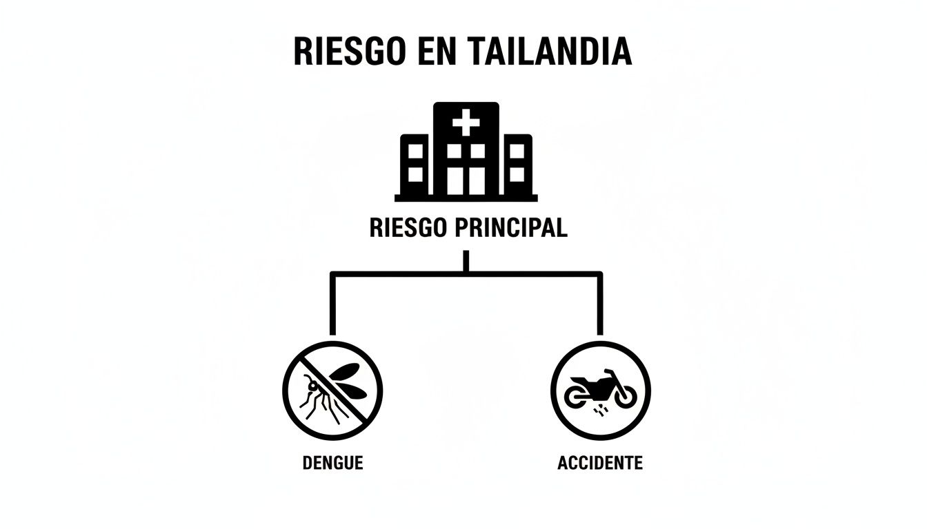 Diagrama de flujo que muestra los principales riesgos para la salud en Tailandia: dengue y accidentes de motocicleta.