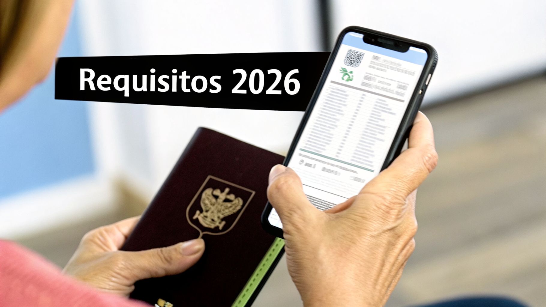 Persona con pasaporte y teléfono móvil consultando requisitos de viaje para el año 2026.