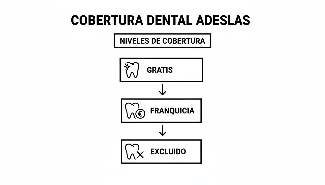 Diagrama de los niveles de cobertura dental de Adeslas: servicios gratis, con franquicia y excluidos, ilustrados con íconos.