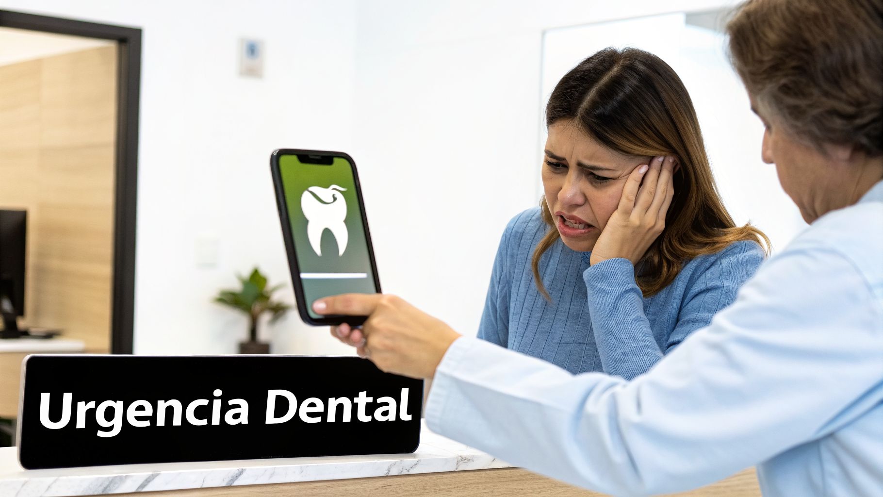 Mujer con dolor de muelas en una clínica, mientras una persona le muestra un móvil con icono de diente.