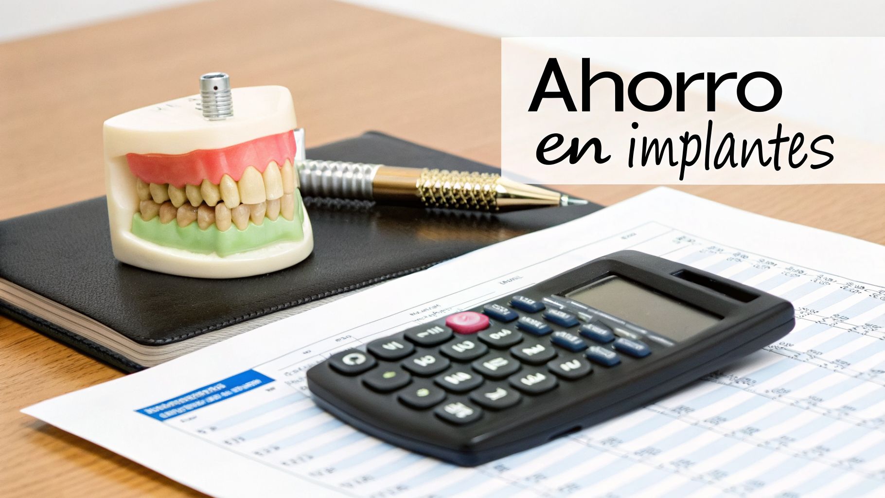 Modelo dental, calculadora, bolígrafo y documento financiero con el texto 'Ahorro en implantes'.