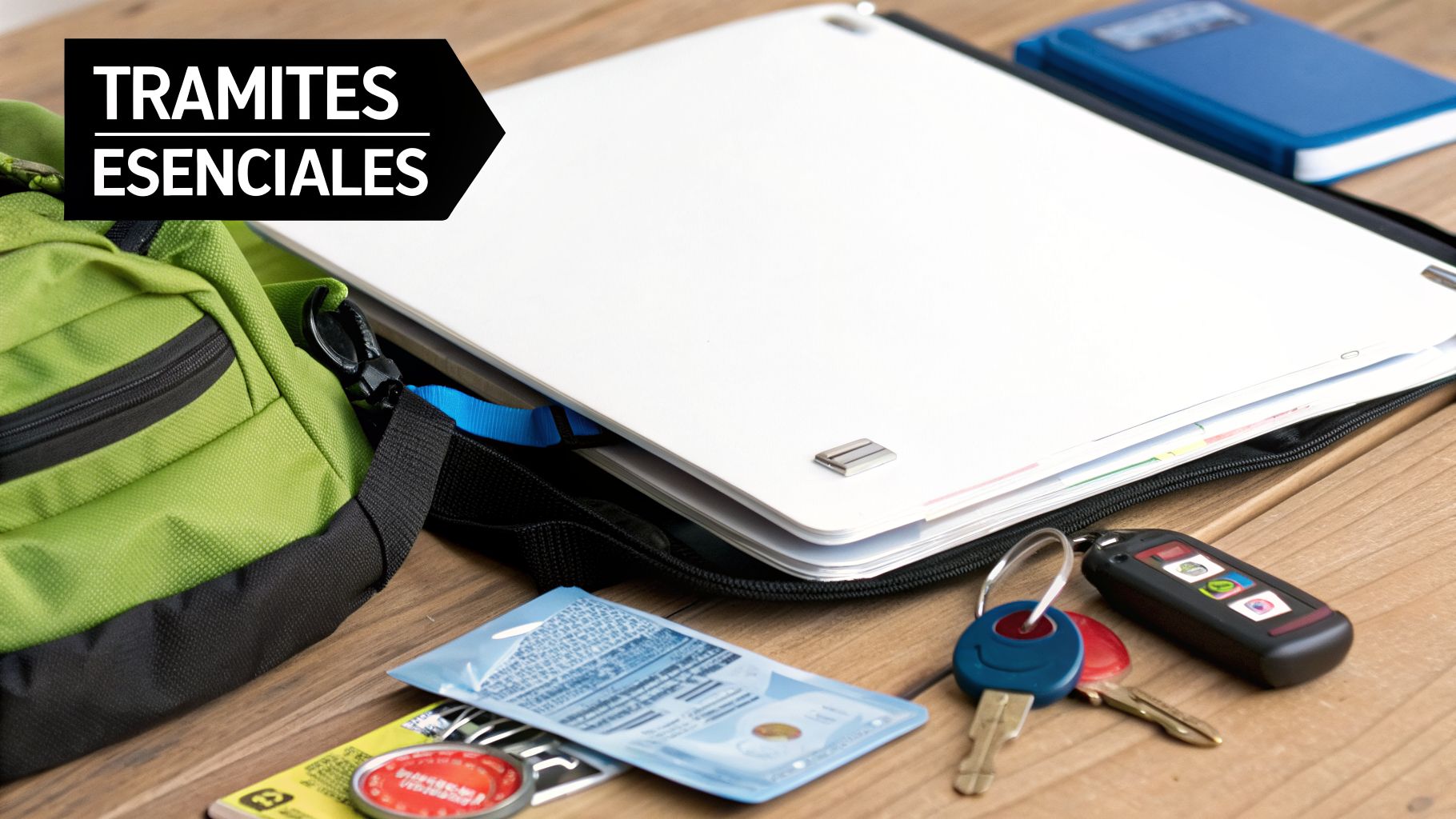 Elementos esenciales para realizar trámites: una bolsa, carpeta con documentos, llaves y control remoto en una mesa.